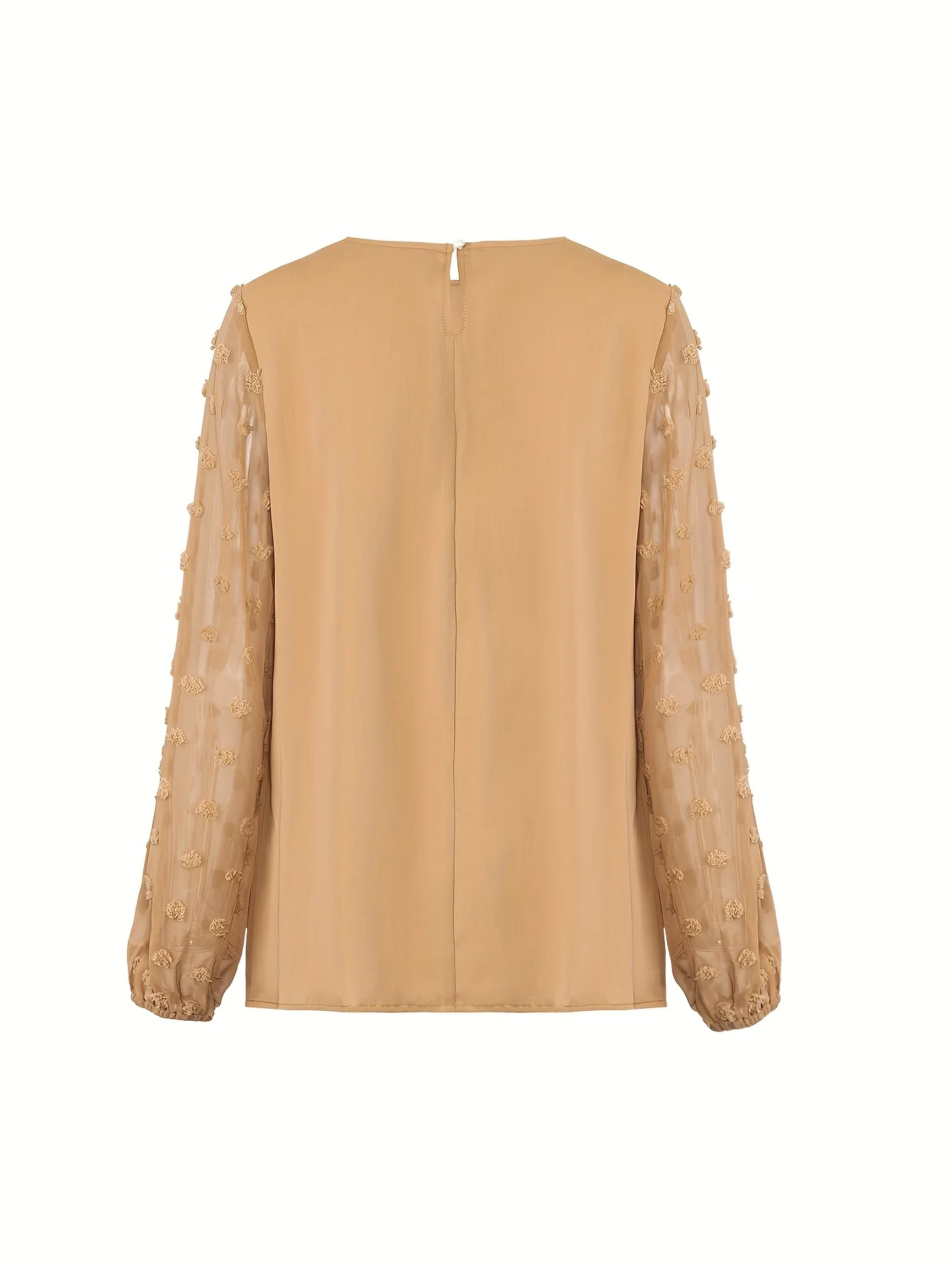 بلوزة نسائية برقبة دائرية على شكل جمل وأكمام منتفخة شفافة مزخرفة - ملابس كاجوال أنيقة