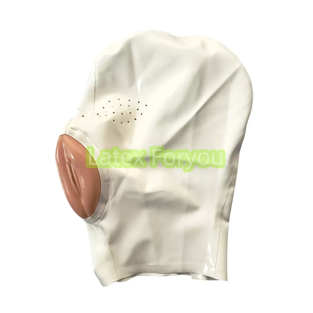 

Handmade Unisex Gummi White Rubber Fetish Latex Hood Rubber Mask with Fake Vaginal Mesh Eyes Party Cosplay Costume 0.4m