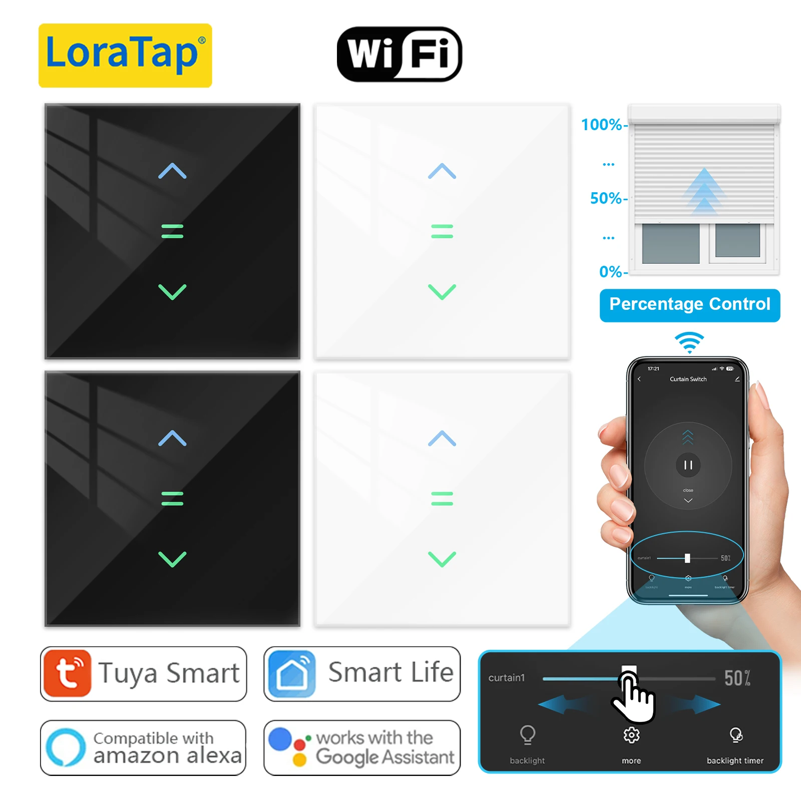 LoraTap Roller Shutter Switch for Automatic Curtain Motor Tuya Smart Life App Percentage Remote Control Voice Google Home Alexa