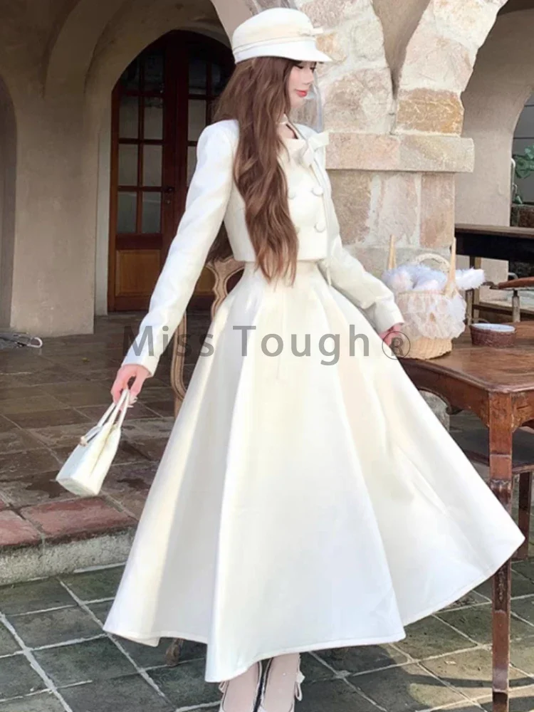 Autumn Winter France Slim Bow 2-piece Set Women Fashion Elegant Long Sleeve Solid Short Tops + Thin High Waist A Line Long Skirt