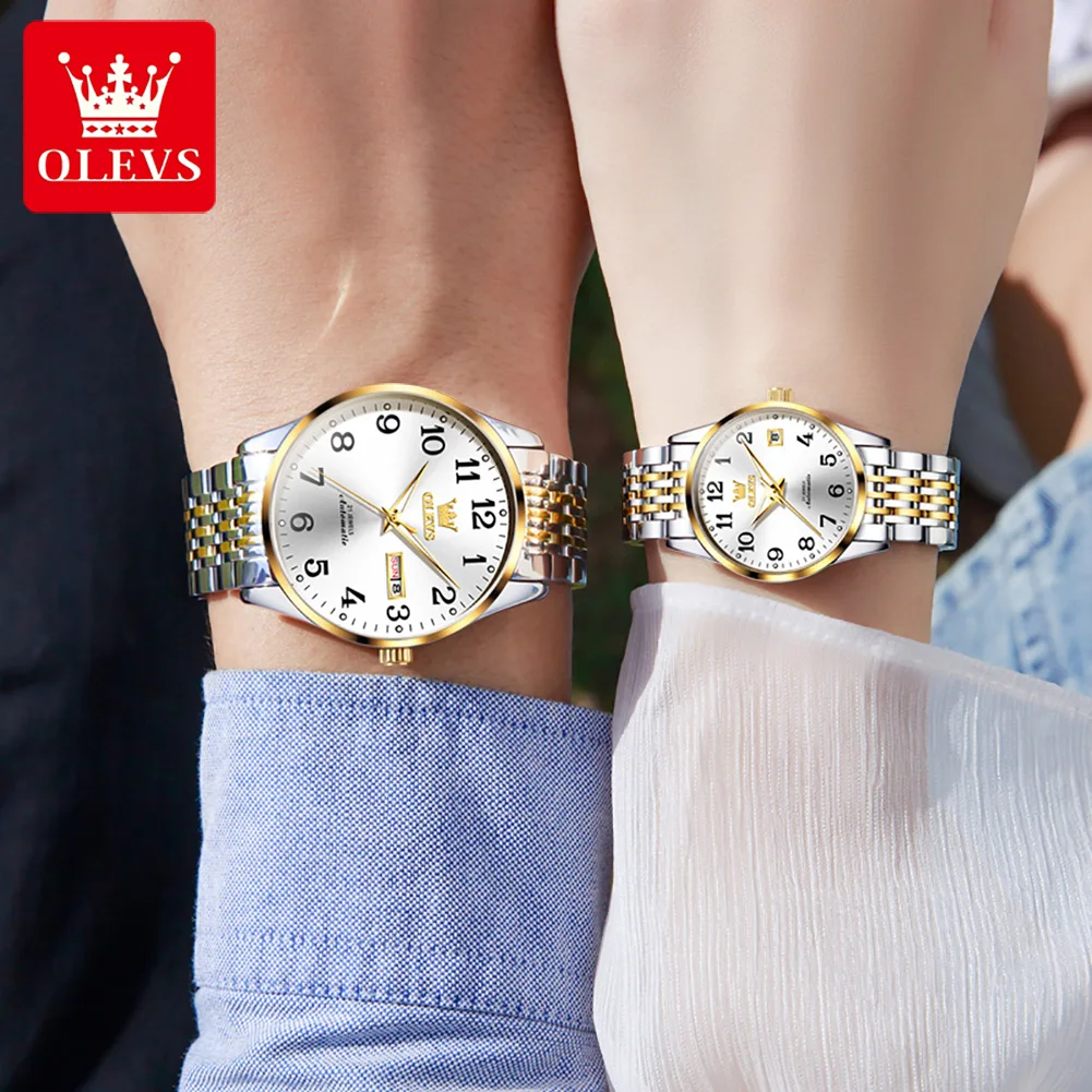 OLEVS-Reloj de pulsera mecánico automático para hombre y mujer, accesorio luminoso de acero inoxidable, resistente al agua, regalo de lujo, 6666