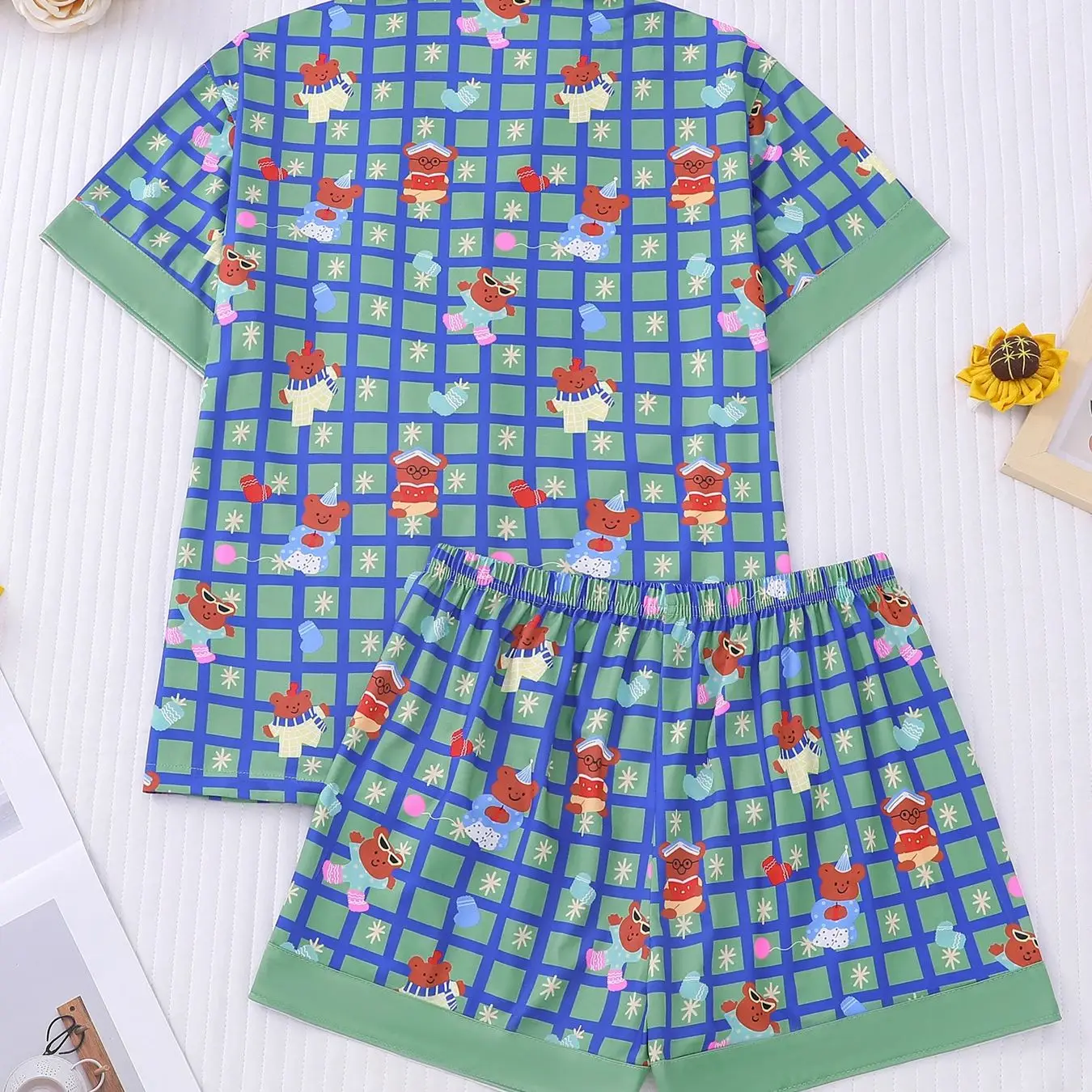 White and Fresh Blue Green Grid Small Bear Full Print Pajama Women's Collar Button Style Summer Thin Breathable Home ClothingSet