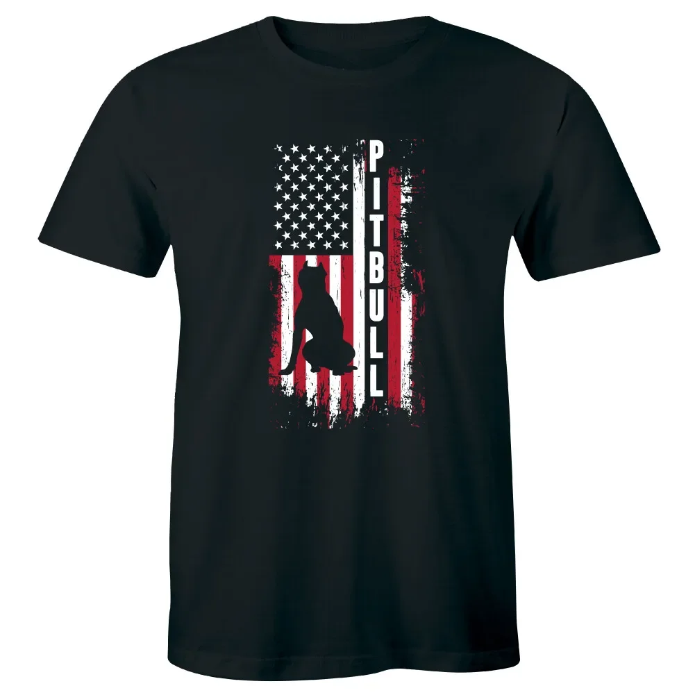 Pitbull Dog with American Flag Men''s T-Shirt 4th of July Patriotic Gift for Him