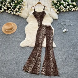 Hotsweet Sets Leopard Vintage Chic Sexy Straps Bodysuits Jumpsuit High Waist Flare Pants Fashion Streetwear High Street Clothing