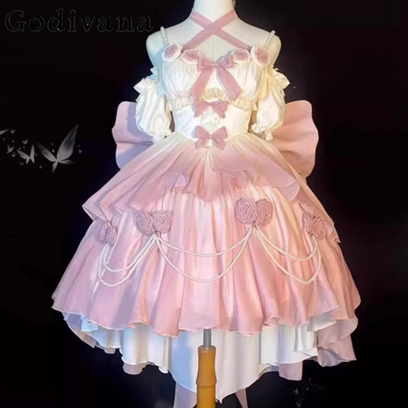 

Gradient Pink Floral Wedding Dress Female Lace Front Short Back Long Lolita Dress Women Adult Ceremony Birthday Princess Dress