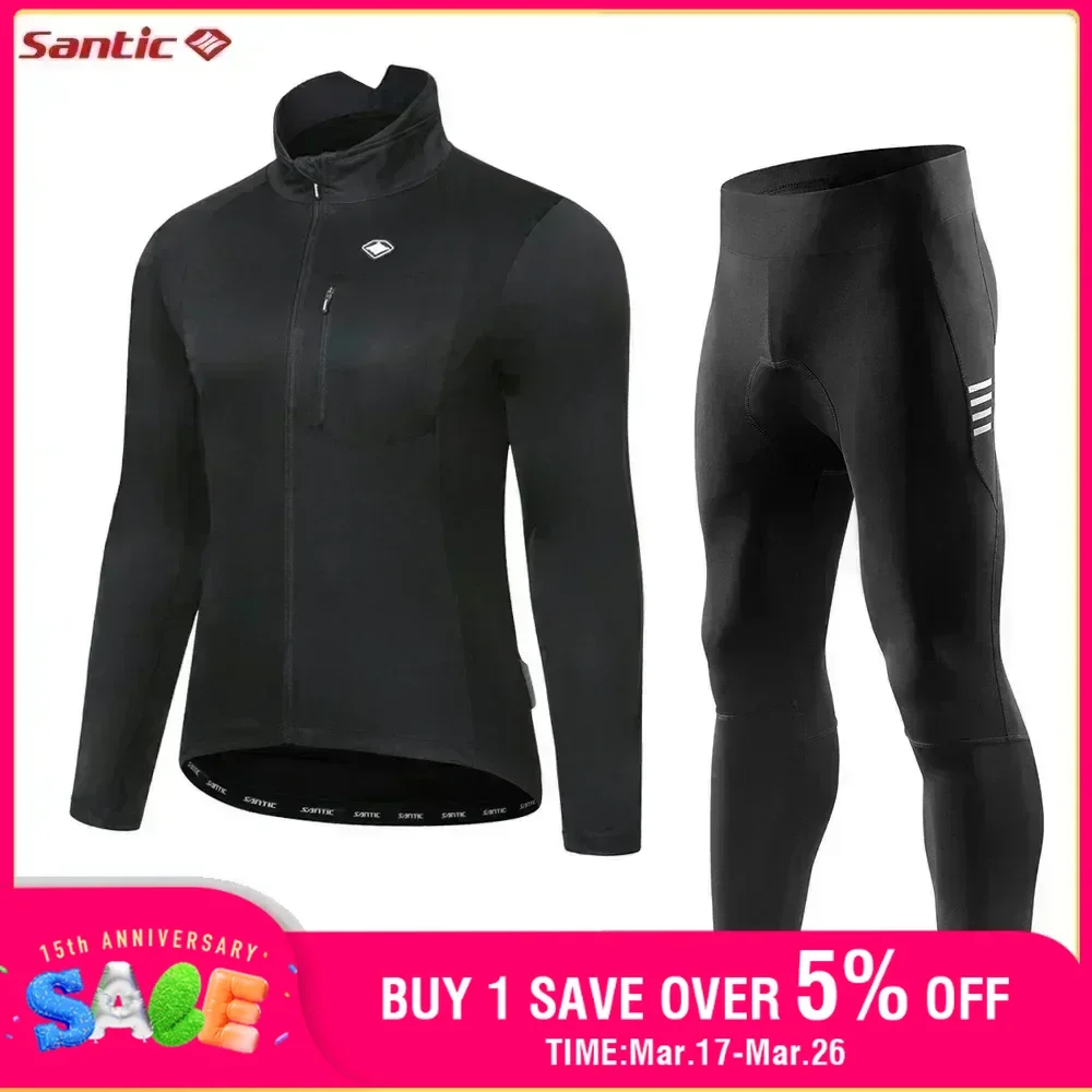 Santic Men Cycling Sets Winter Fleece Thermal Windproof Reflective Bicycle Clothing MTB Jackets 4D Padded Long Pants Asian Size