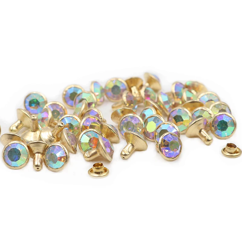 100Sets 8mm AB Color Crystal Rhinestone Rivets Golden Metal Base Studs For Clothing Bag Leathercraft Rivet