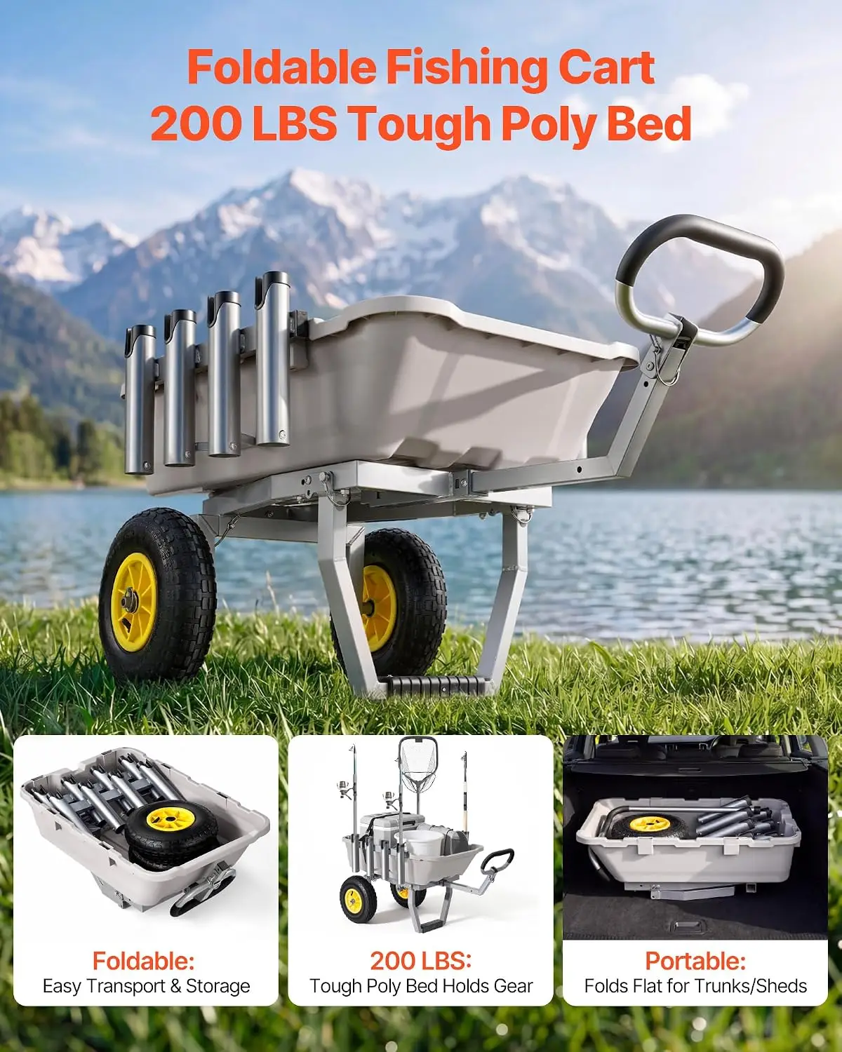Beach Fishing Cart, 200 lbs Load Capacity, Fishing Cart with Heavy-Duty Aluminum Alloy Frame, 13-Inch All-Terrain Tires, 8 Rod H