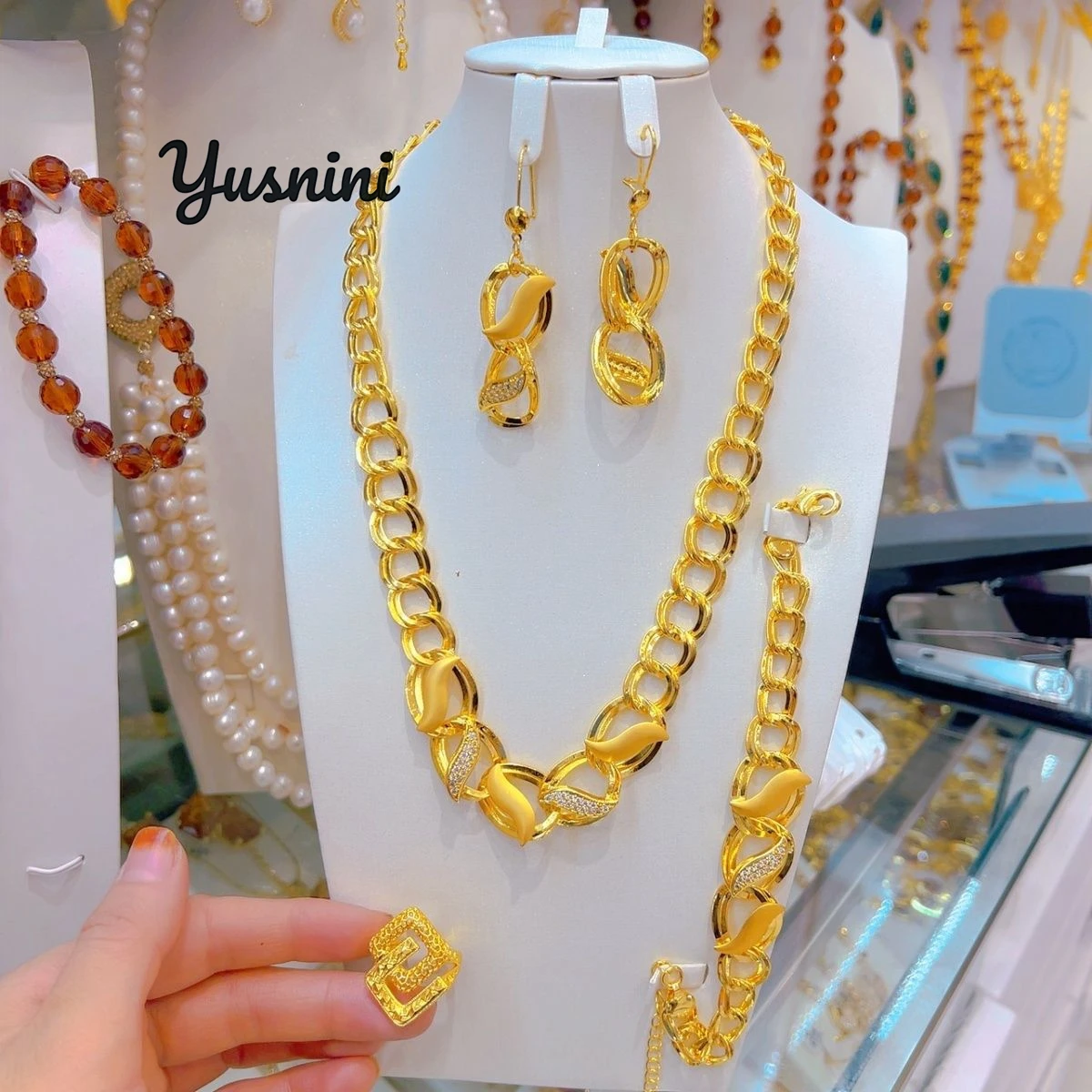 جديد الأمريكية 24K مطلية بالذهب قلادة أقراط خواتم أساور الزفاف حفلة خطوبة طقم مجوهرات لعشاق DD10714 #2