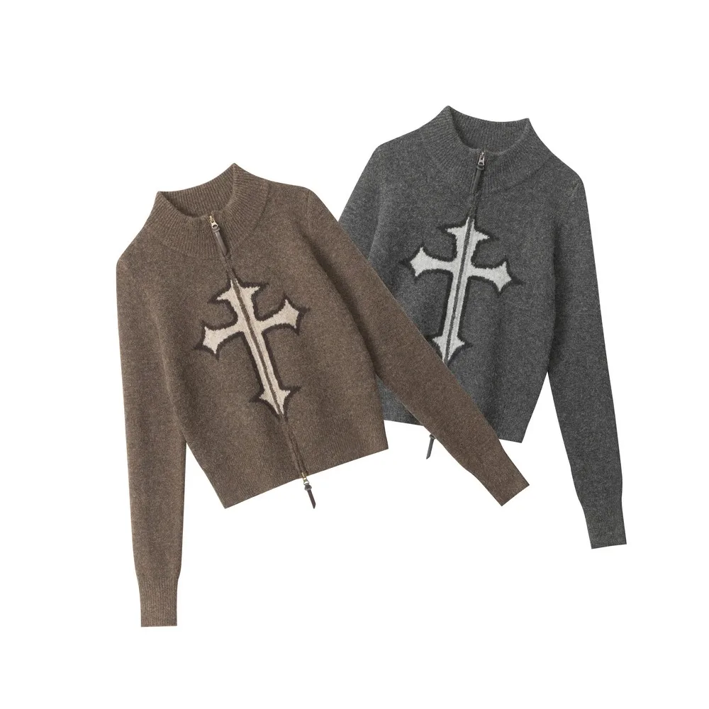 Suéteres Cardican con cremallera cruzada bordada, abrigos, ropa de invierno de punto gótica, prendas de punto holgadas para mujeres y niñas, señoras de oficina