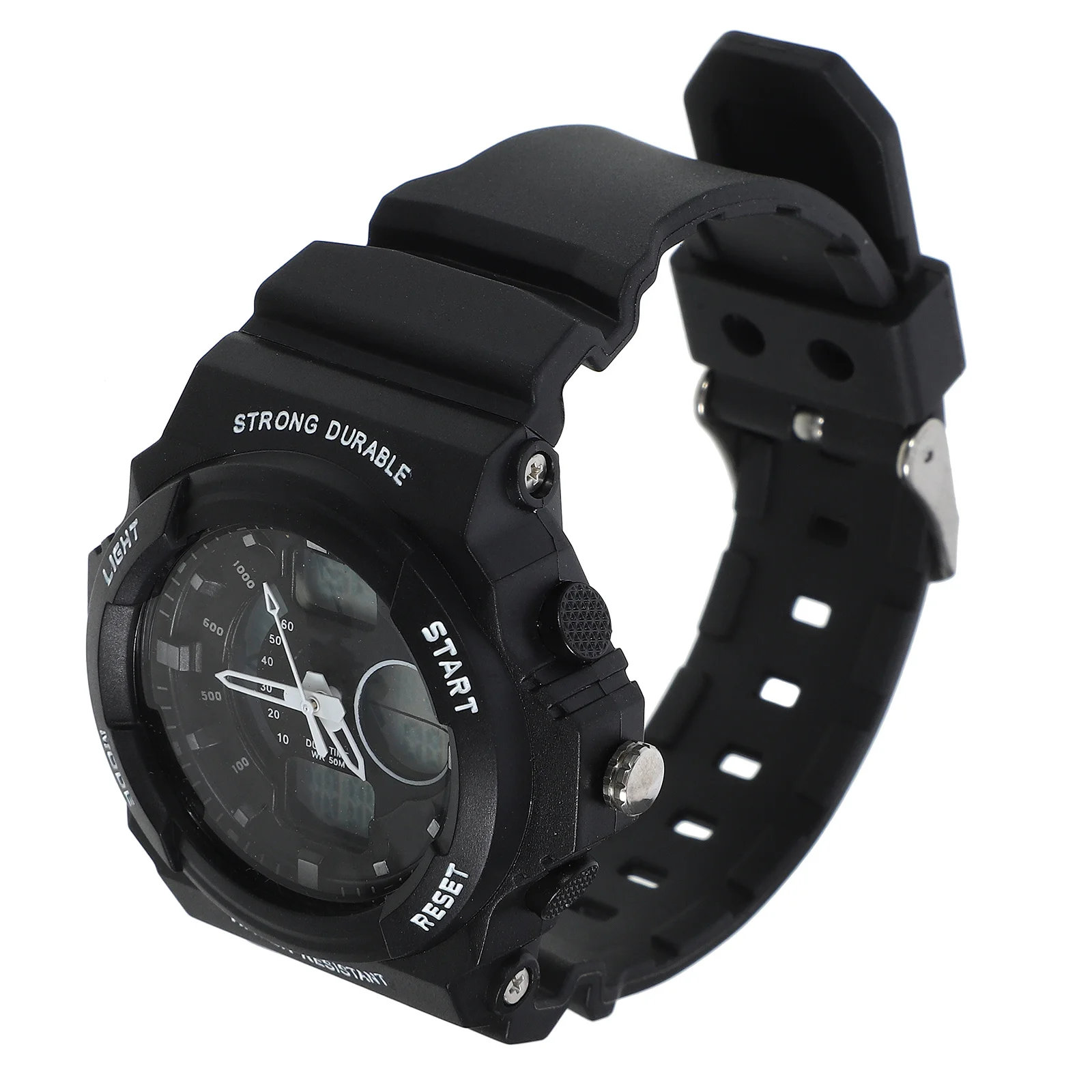 

Black Men Sports Watch Dual Time Display LED Quartz Wristwatch Stopwatch Alarm El Backlight Waterproof Adjustable Rubber Band