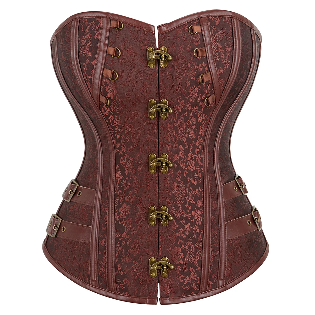 Steampunk Corset Metal Lock Corsets Women Outfit Plus Size Black Brown Retro Gothic Gorset Overbust Bustier Top