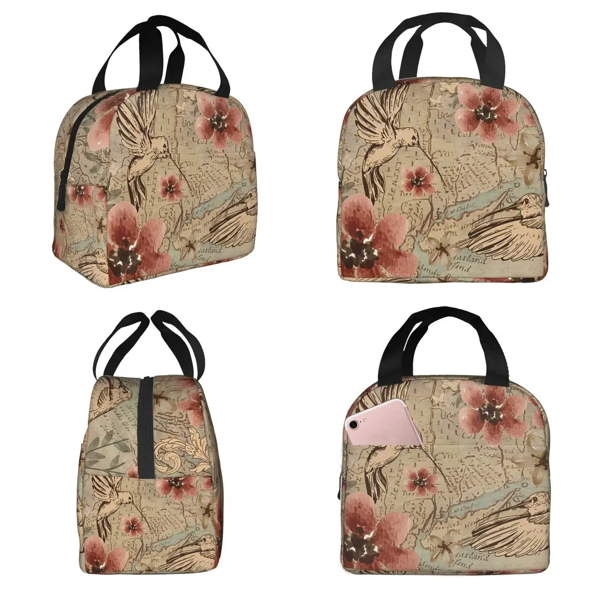 

Винтажная термосумка для обедов с рисунком птиц и розовых цветов для женщин, офисная термосумка-холодильник для еды, портативный контейнер для обедов