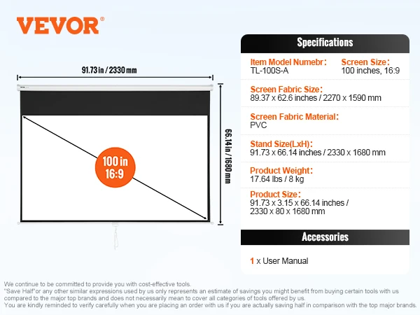 Tela de projetor retrátil manual vevor, 100 polegadas, 16:9, 4k, 1080 hd, para família, home office, teatro