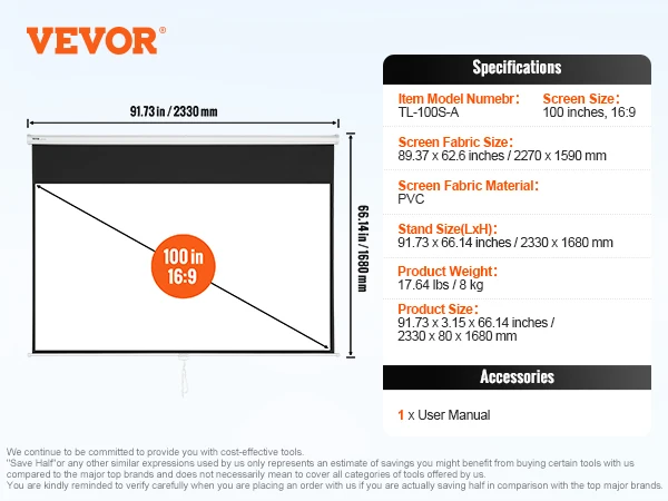 Imagem -06 - Vevor-manual Pull Down Tela do Projetor Tela Retrátil para Família Casa Escritório Teatro 100 16:9 4k 1080 hd