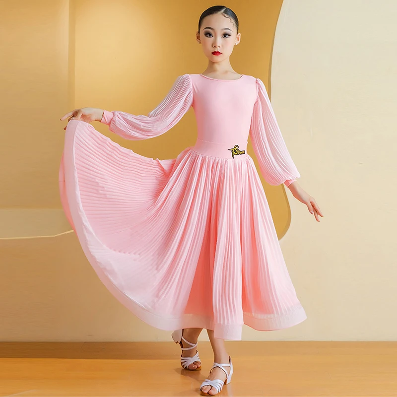 Pink Ballroom Dance Dress Girls Standard Waltz Competition Clothes Kids Tango Modern Dancing Show Clothing Winter Dancewear 1865