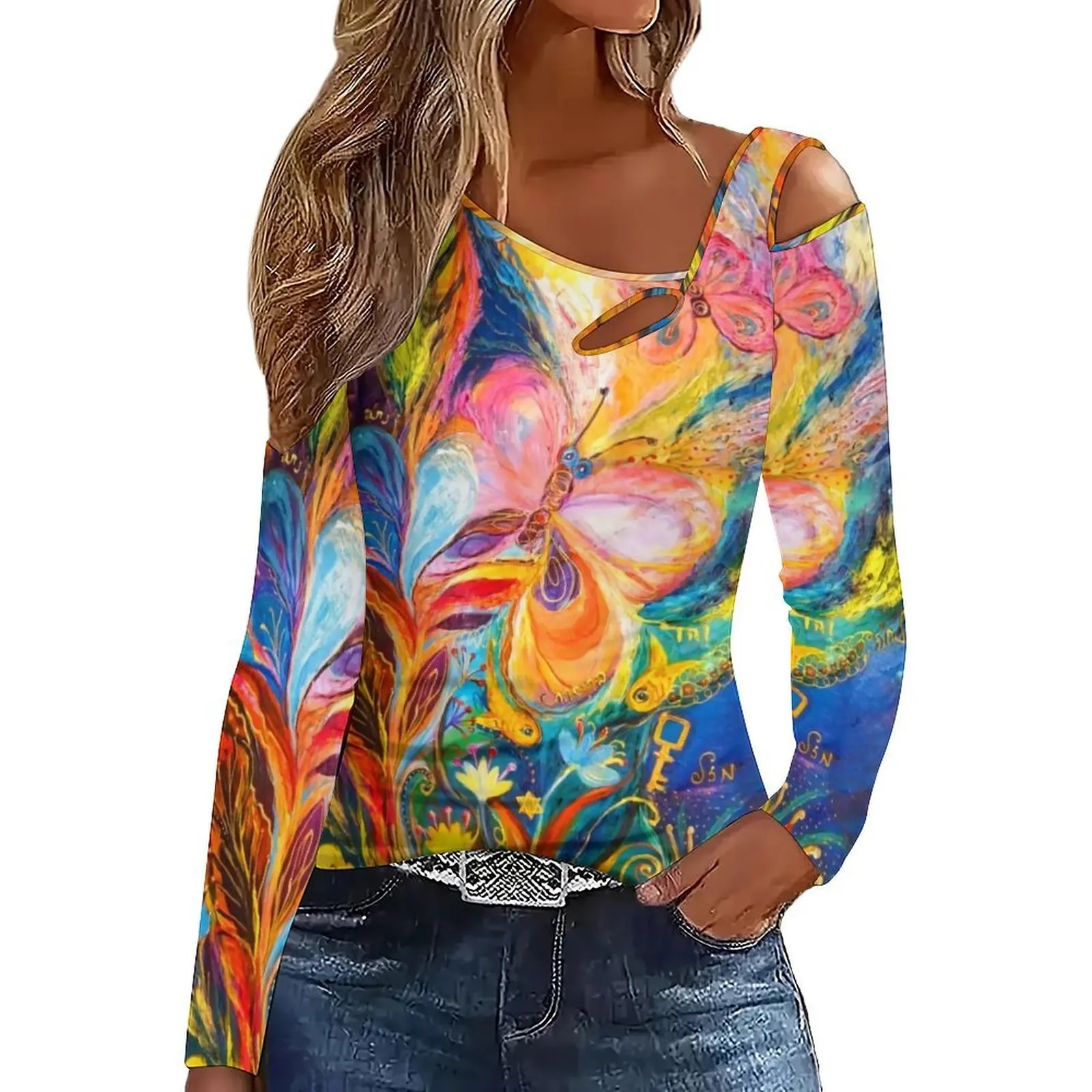 Elegant Directional Slanted Shoulder Long-Sleeved Off-Shoulder Fashion Elegant Women's Printed Top Everyday Fashion T-Shirt