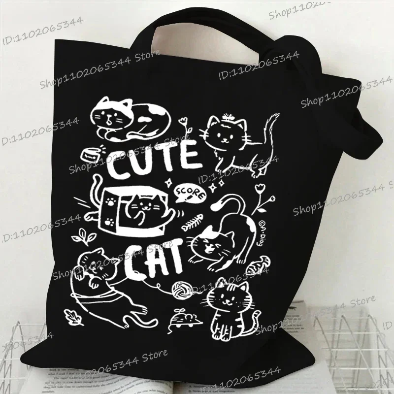 Fashion Canvas Tote Bag Cup of Black Cat Print Large Capacity Teen Shoulder Shopping Bag Cartoon Fashion Kitten Women\'s Handbags