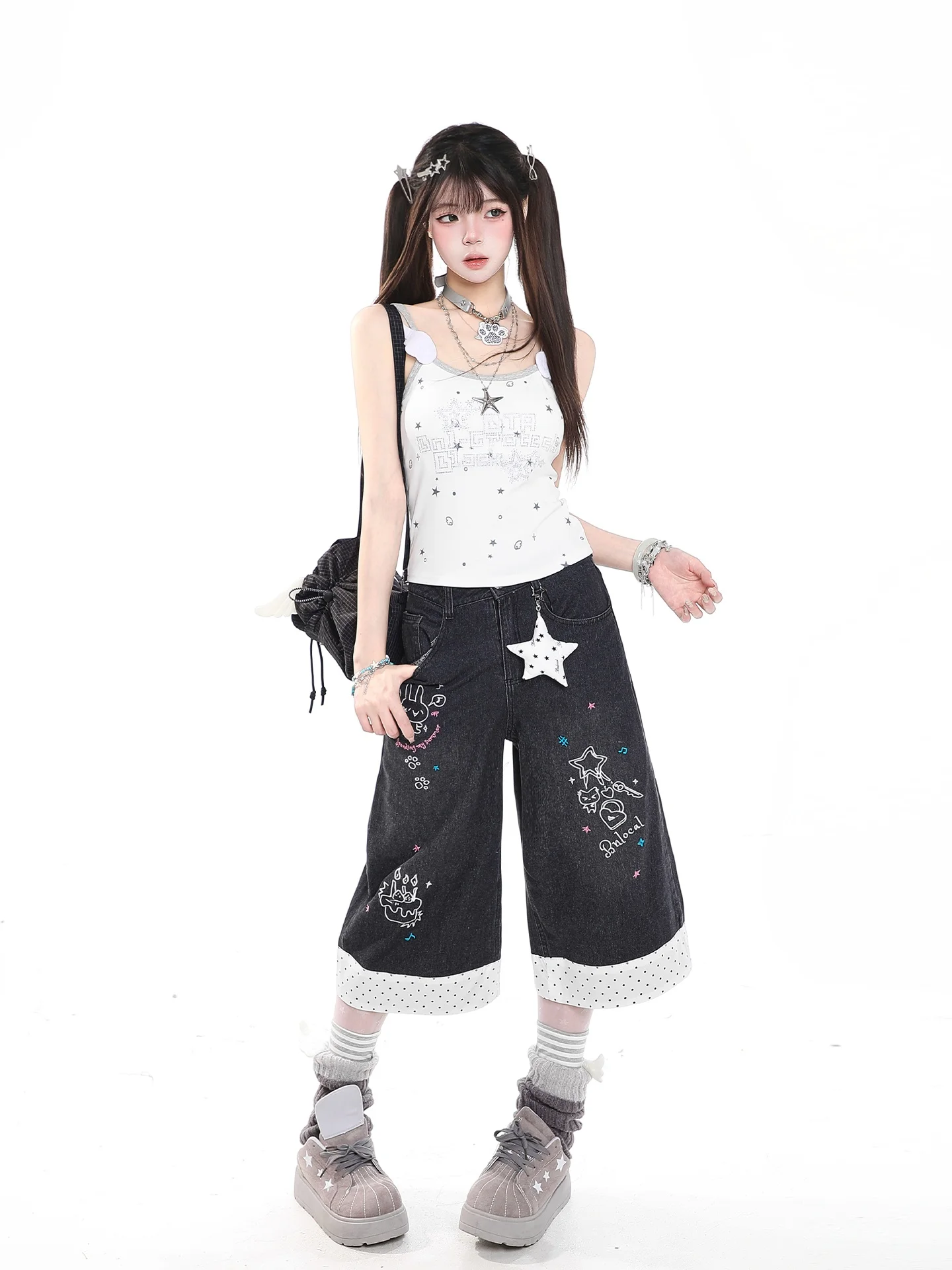 Retro American Cartoon Star Polka Dot Denim Jeans Women Summer Loose Wide Leg Slimming Mid-Length Pants Natural Waist