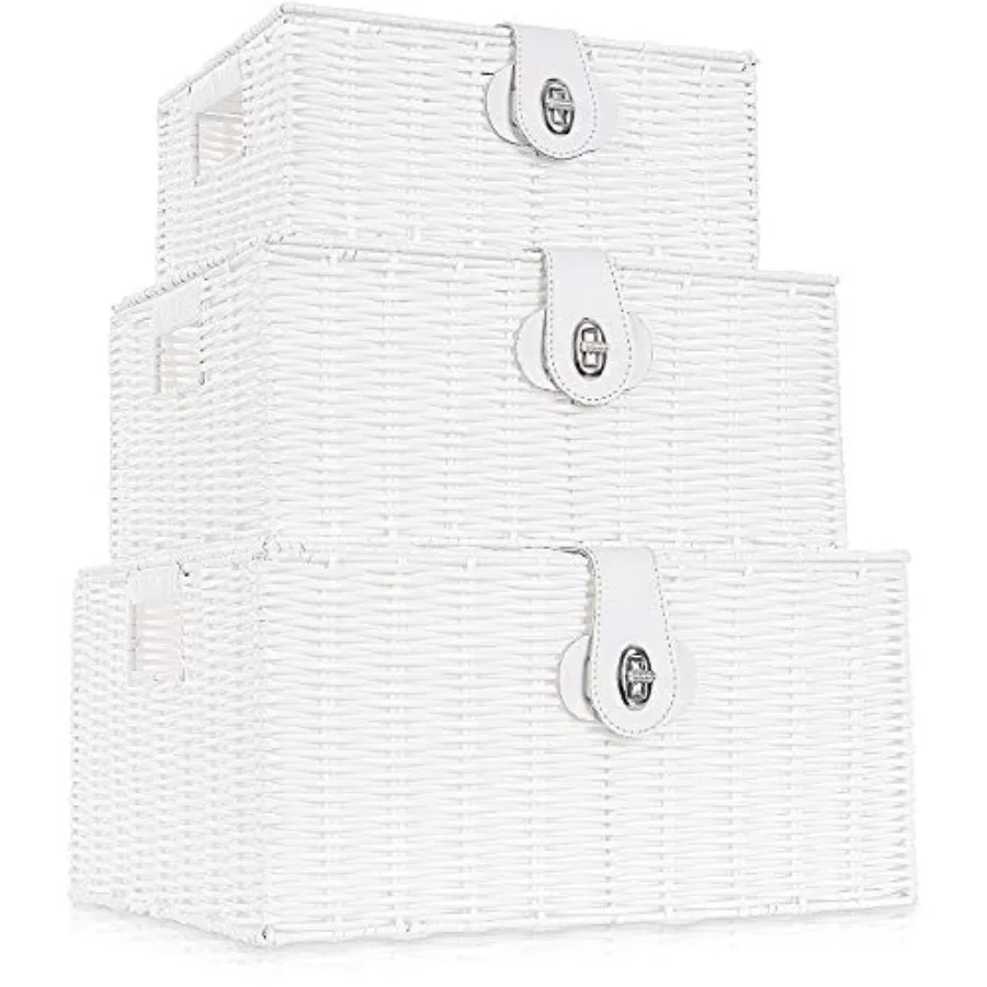 

Set of 3 Woven Wicker Storage Basket Box with Lids and Lock Built-in Carry Handles Multifunctional Storage Organizer for Nurser