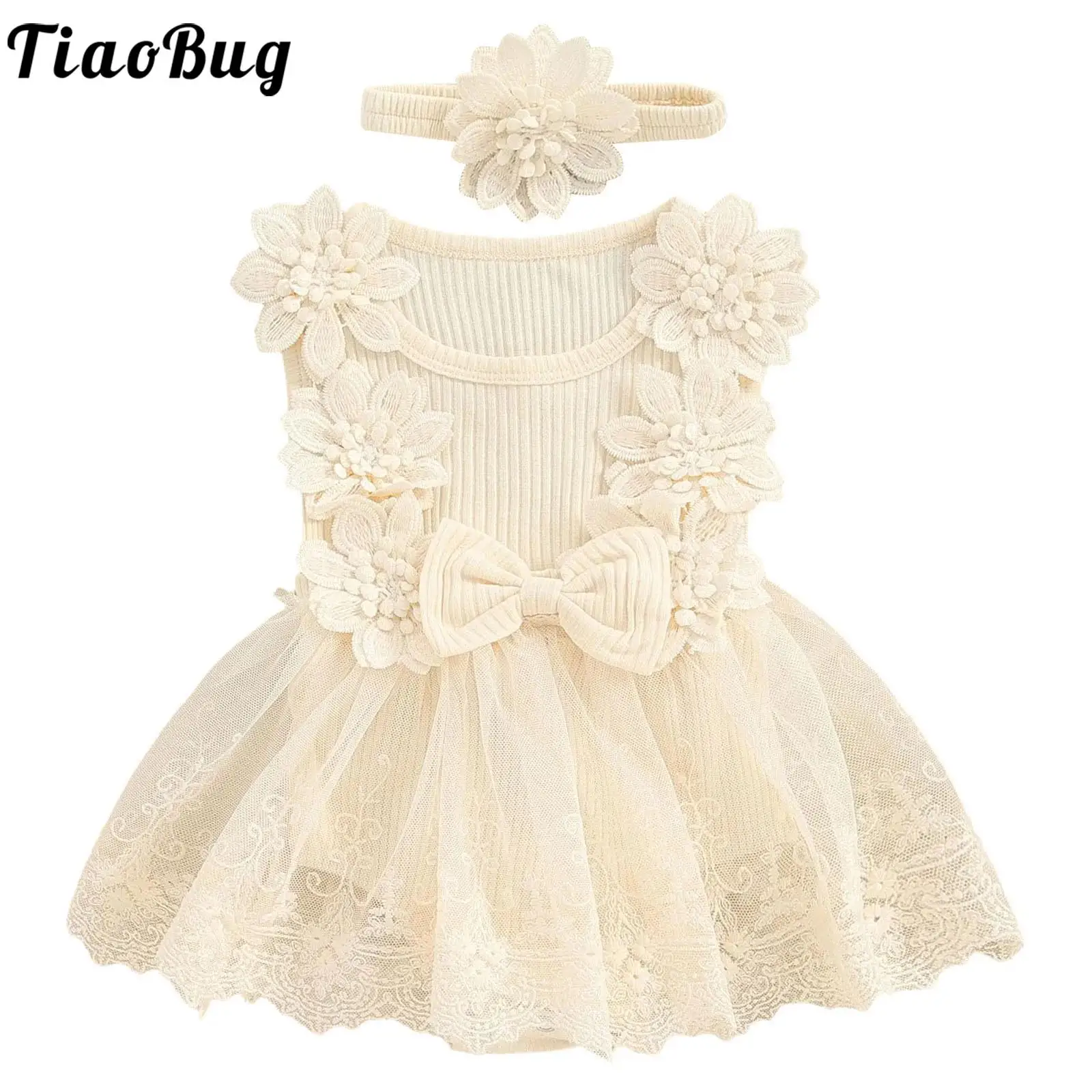 Baby Girls Flower Dress Sleeveless Rib Knit Lace Dresses Romper Infant Summer Birthday Party Christening Clothes with Headband