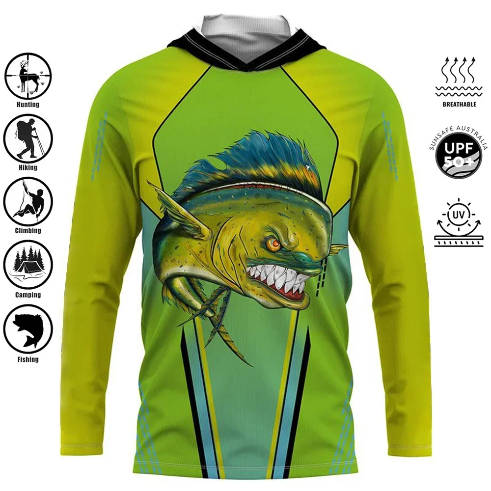 Fishing Shirt Men's Long Sleeve Performance Shirt 50+ Uv Protection Quick Dry Tops Outdoor Motion Printing Fishing Hoodie