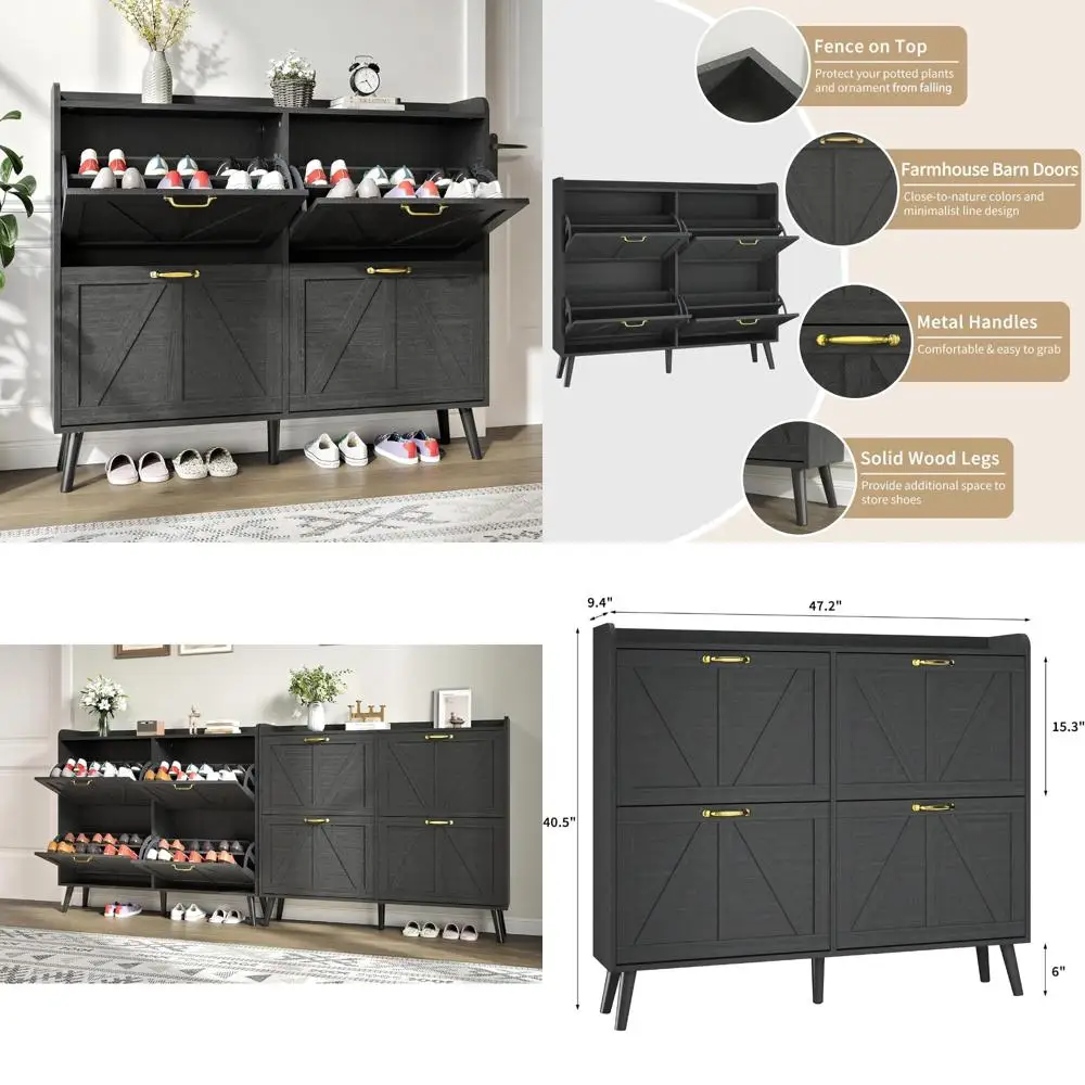 Freestanding Slim Shoe Storage Cabinet with 4 Drawers, Black Entryway Shoe Organizer, Farmhouse Style Shoe Storage Solution