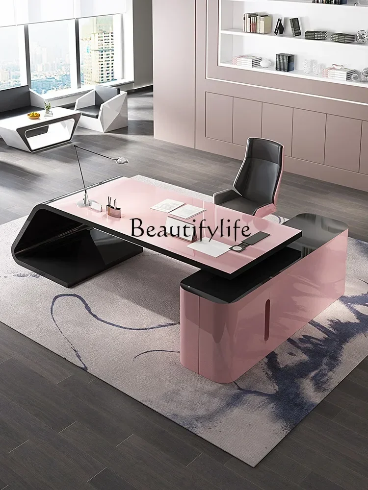 

Paint Office Desk Fashion Simple Women's Pink High-End Manager Desk Creative Office Desk and Chair