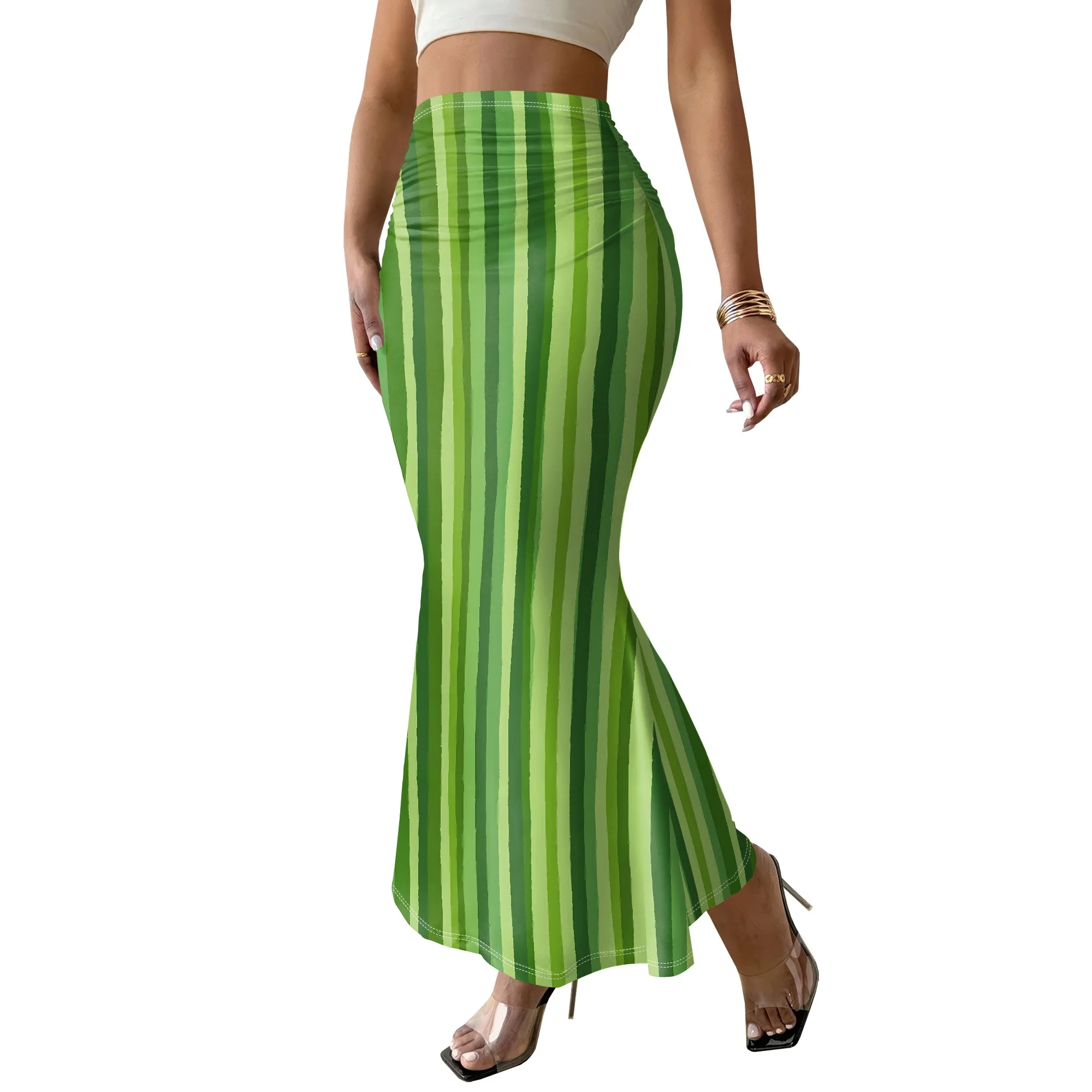 Striped Print, Mermaid Skirt, Green Gradient, High Waist, Slim Fit, Party Wear, Beach Outfit, S-3XL