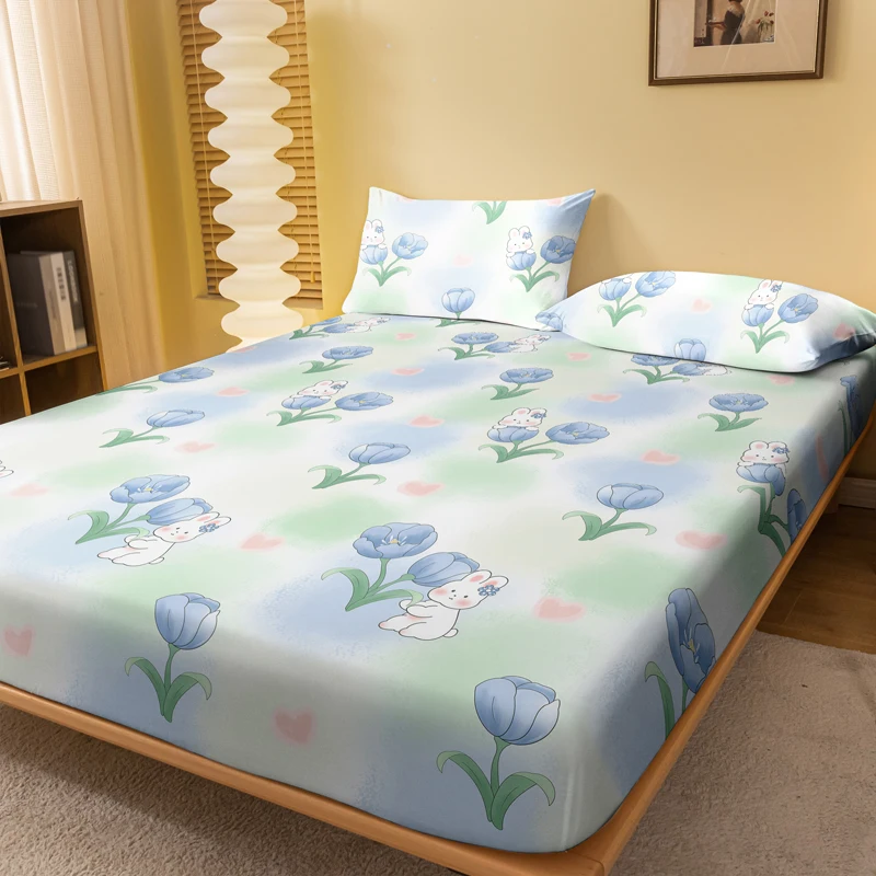 

1 Cartoon Cute Plant Flower Rabbit printed matte Fitted Sheet, bedroom printed bed cover, bedding (excluding pillowcases)