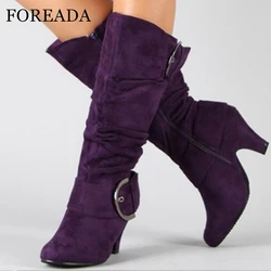 FOREADA stivali a metà polpaccio da donna punta tonda Block tacchi medi fibbia a pieghe cerniera scarpe Casual moda donna autunno inverno viola 43