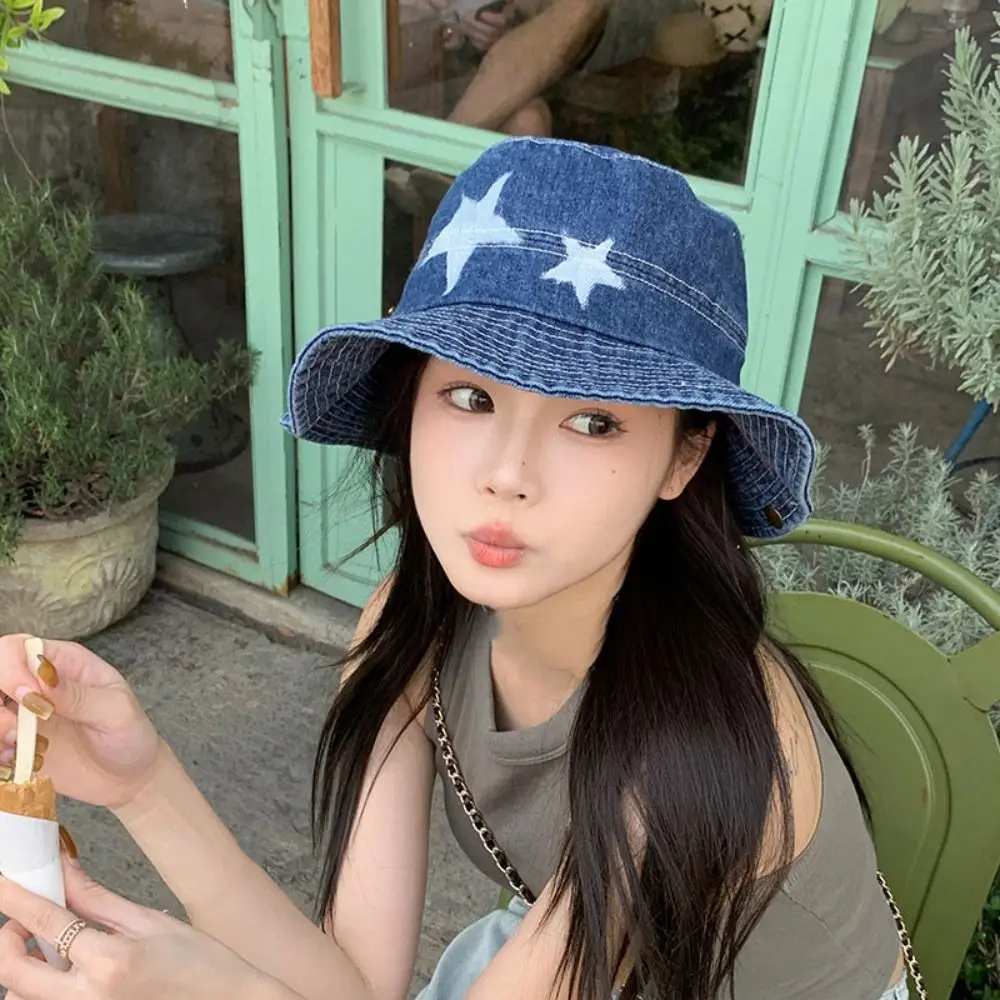 

Fashion Denim Star Fisherman Hat Wide Brim Adjustable Outdoor Sun Hat Sunshade Y2K Mountaineering Hat Hiking