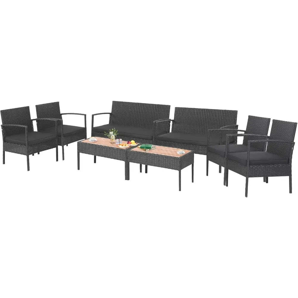 

4 Piece Patio Rattan Conversation Set, Outdoor Wicker Sofa Furniture with Loveseat & 2 Single Chairs, Acacia Wood Tabletop,