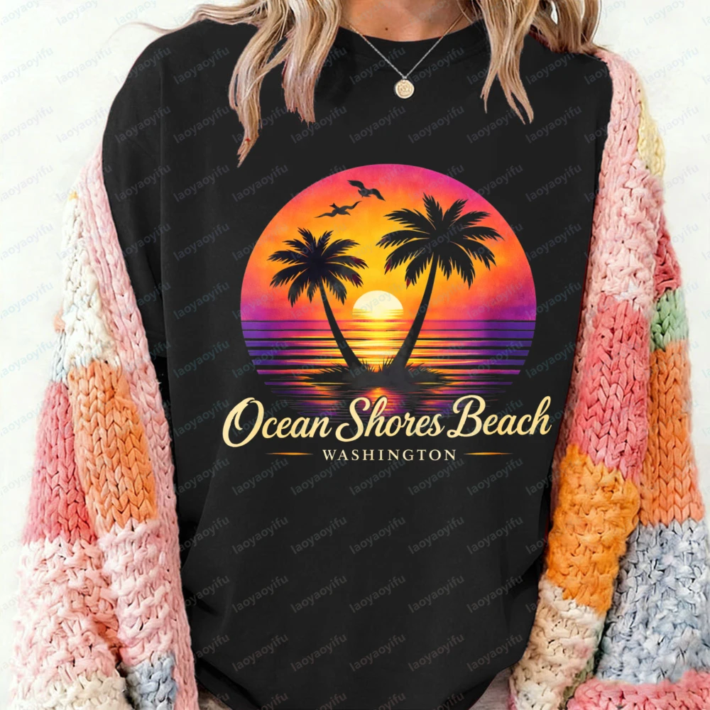Stylish Washington Vacation Cotton T-Shirt Trendy Ocean Shores Beach Sunset Graphic Streetwear Casual Tee for Men and Women