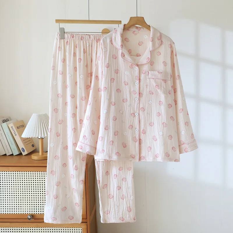 Double Gauze Cotton Homewear Set for Women Cute Student Style Thin Long Sleeve Pajamas, Breathable Skin-friendly for All Seasons