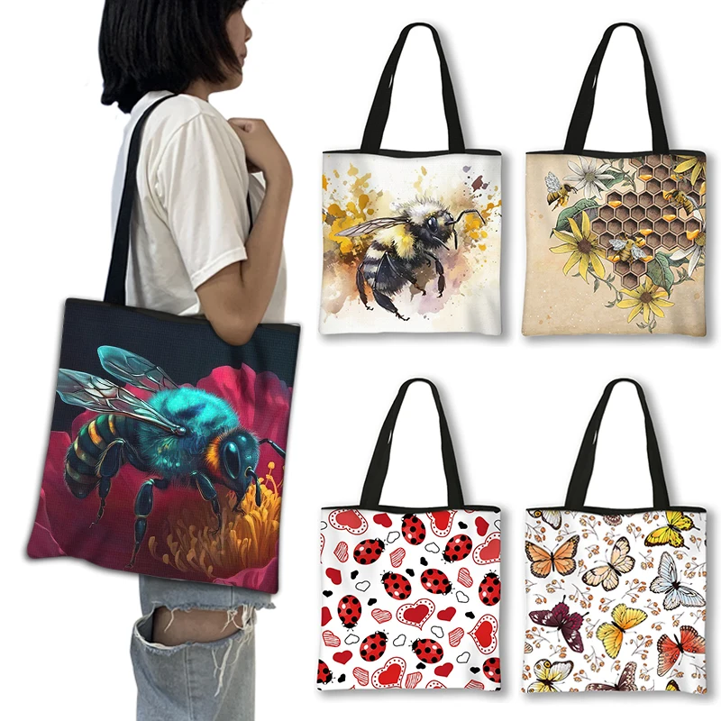 Cartoon Honeybee Print Shopping Bag Insect Dragonfly Butterfly ladybird Women Handbags Large Capacity Reusable Shoulder Bag Gift