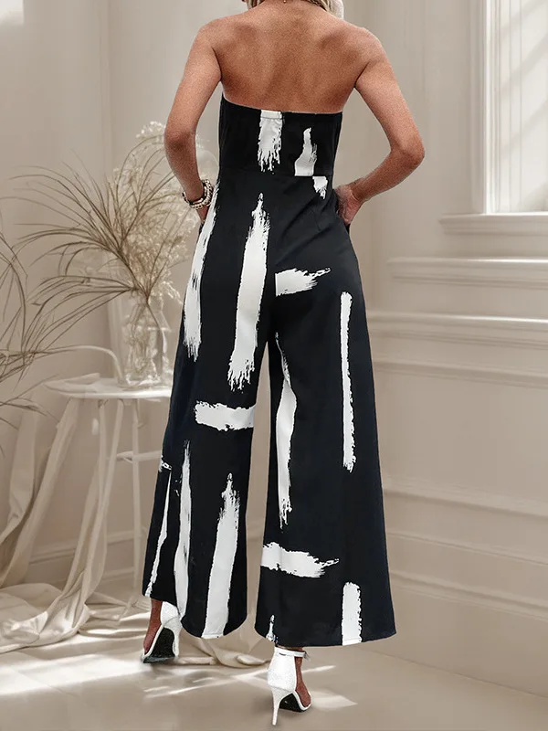 Tuta estiva con stampa senza spalline Costume da bagno da donna con gamba larga e top a tubo Street Sle Pantaloni lunghi a vita media