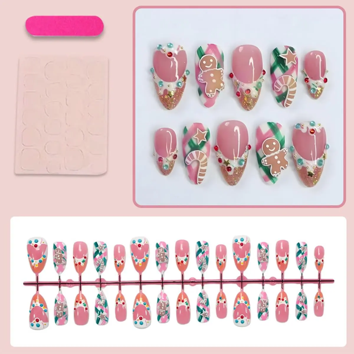 Christmas French Tip Press on Nails Medium Almond Christmas Fake Nails with Designs Cute Gingerbread Men Winter Xmas False Nails