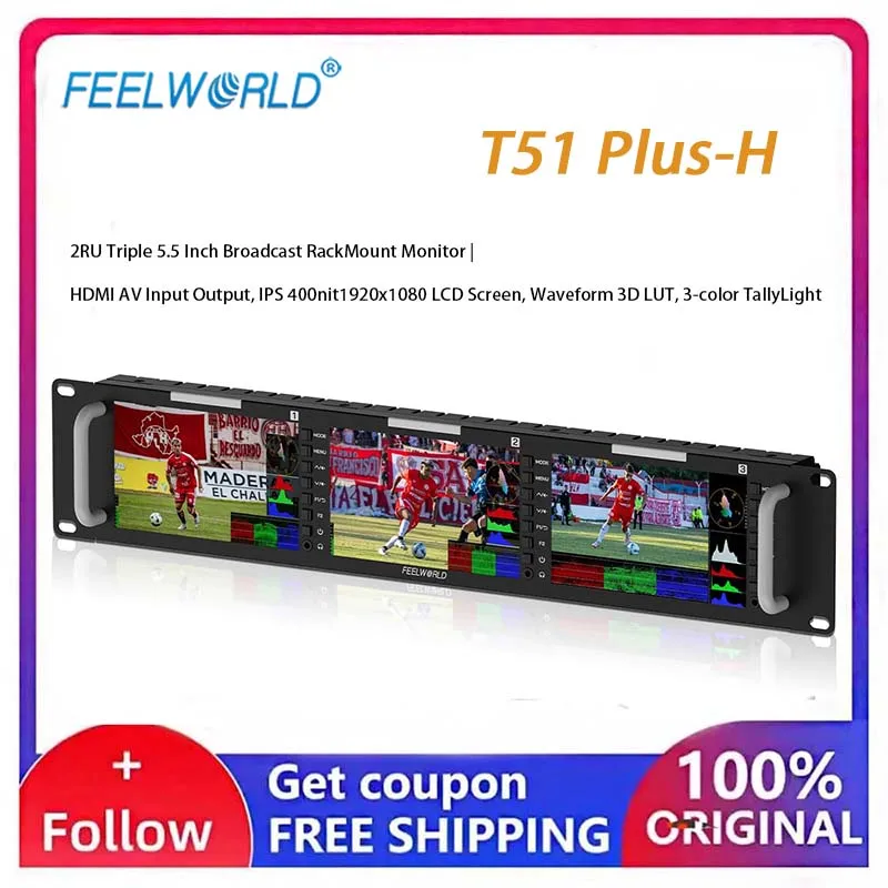 FEELWORLD T51 Plus-H 2RU Rack Mount Triple Video Monitor, Three 5.5 Inch Full HD Displays, HDMI In/Out, 3.5mm Audio Jack