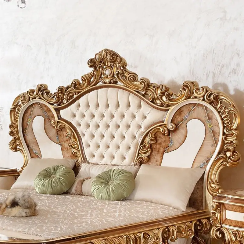 European French luxury palace king bed antique gold leaf bed bedroom furniture