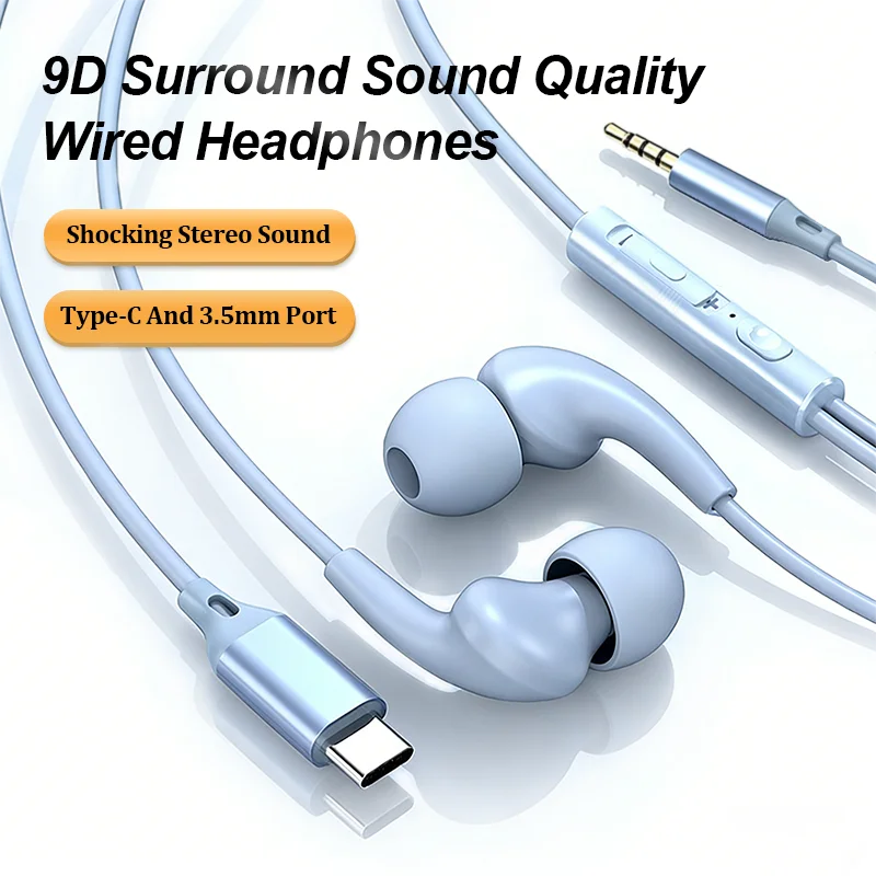 Fones de Ouvido com Fio Tipo C 3.5mm 9D HiFi In-Ear com Chip Digital para Jogos para iPhone Samsung Huawei Xiaomi com Microfone