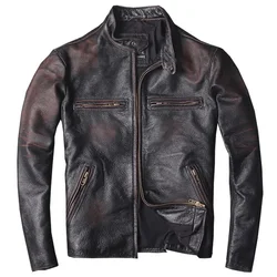 Retro Black Autumn Leather Jacket Men Vintage Style Plus Size 4XL Genuine Natural Cowhide Stand Collar Slim Fit Leather Coat