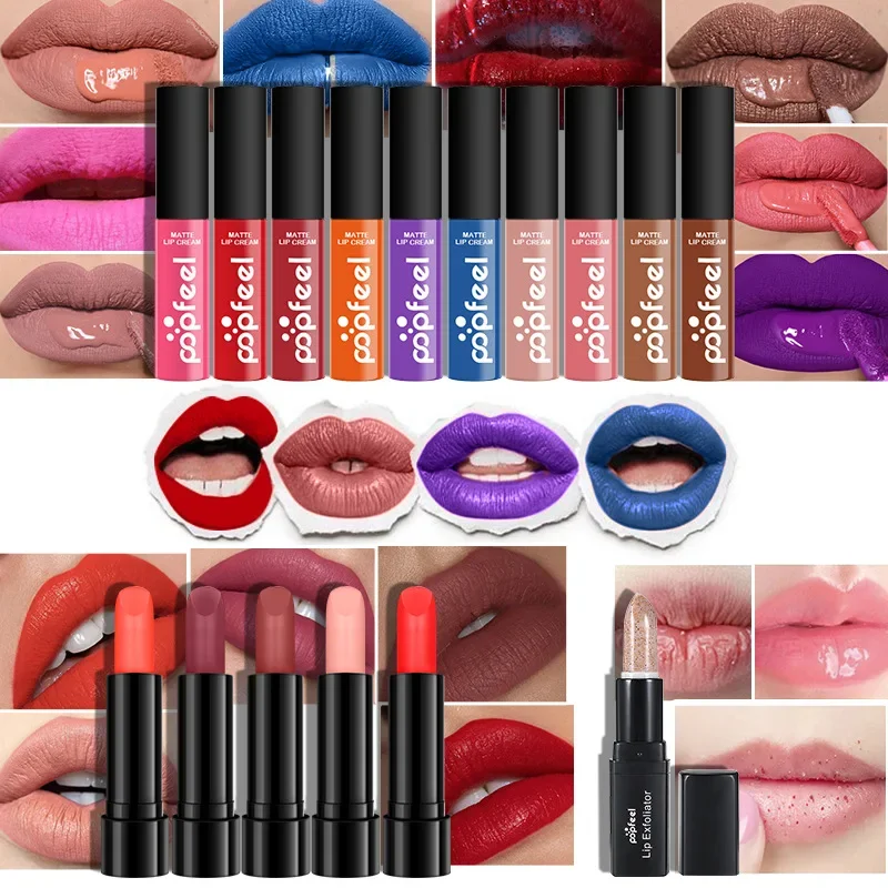 Meistverkauftes Popfeel Sexy Matte Lippenstift-Lipgloss-Set, Samt-Nude-Make-up, flüssiger Lippenstift, Lippentönung, weiches Lipgloss-Set, Kosmetik