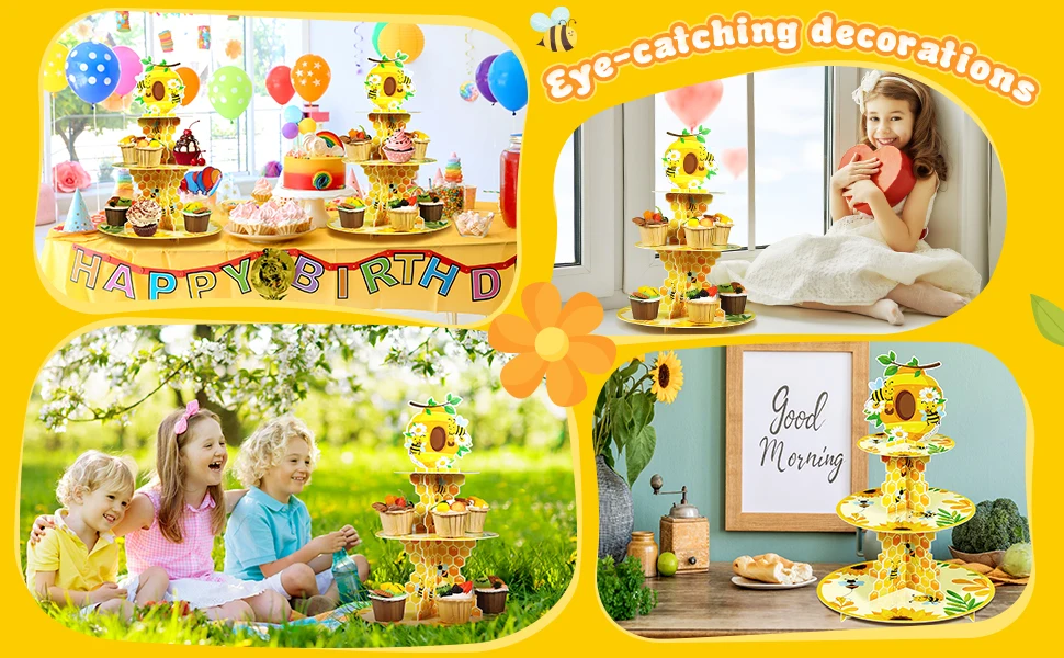 3-stöckiger Bienen-Themen Papier-Cupcake-Ständer Gelber Sonnenblumen-Dessert-Turm Robuster Party-Halter für Kindergeburtstag Babyparty-Dekoration – Detail 3