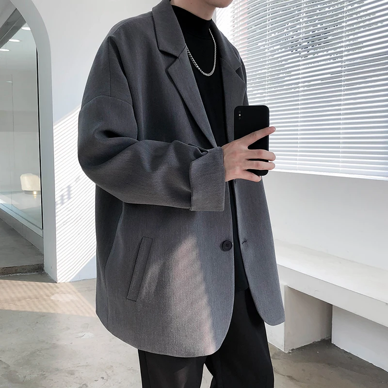 Autumn Men\'s Casual Solid Color Blazer Korean Style Business Single Trendy Oversize Business Suit Jackets Retro Daily Streetwear