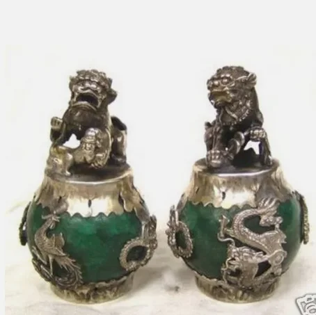 

tibet silver Copper Jade Carving Figures Dragon Phoenix lion foo dog Statue