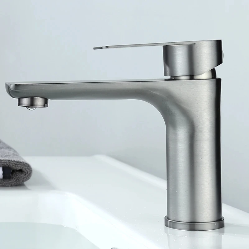 

Brushed/Gray Bathroom Sink Faucet Hot and Cold Mixer Faucet Countertop Mount 304 Stainless Steel Single Handle