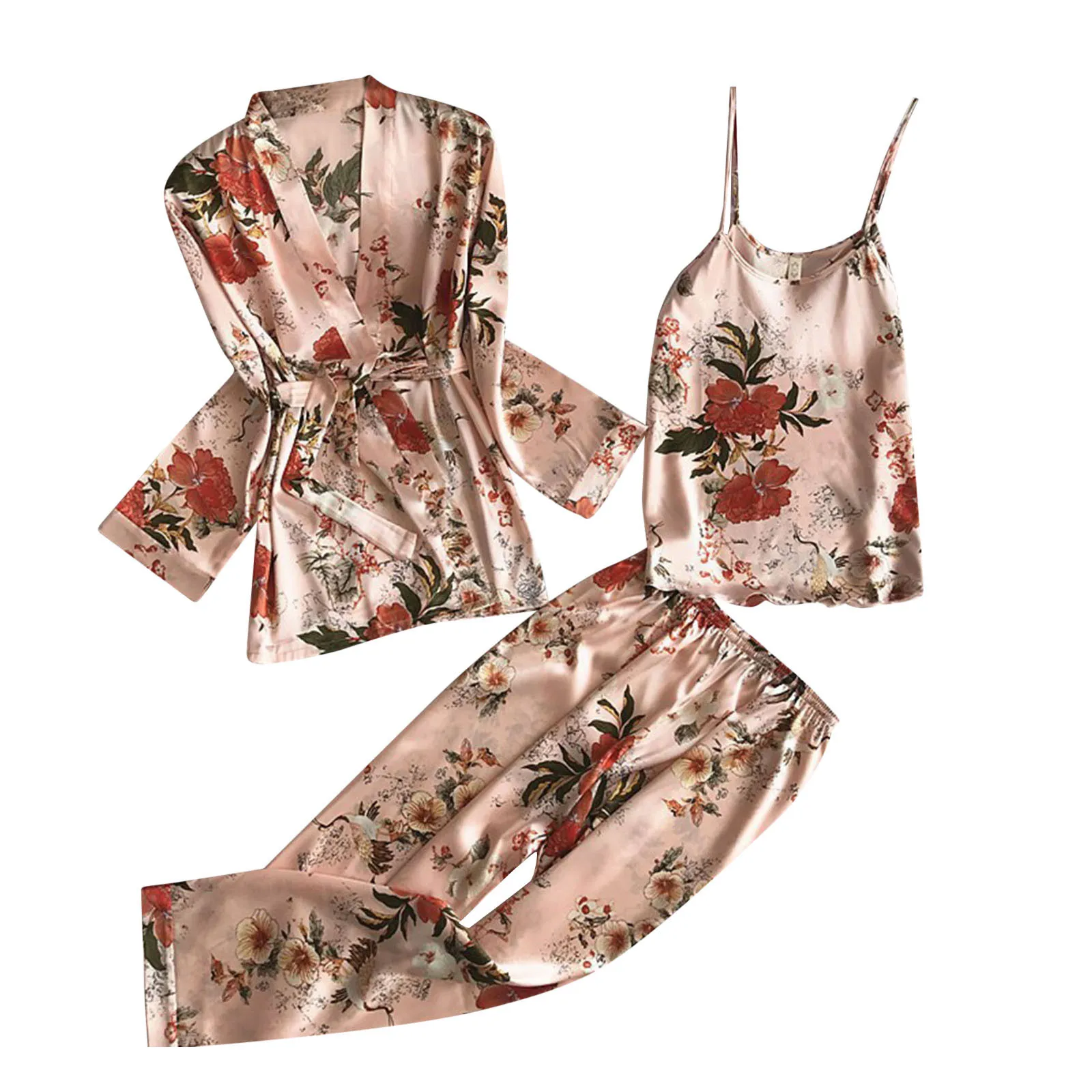 Three Piece Pajamas Set Women\'S Homewear Vintage Floral Camisoles Top Pants Kimono Cardigan Shirt Satin Silk Pj Set Loungewear