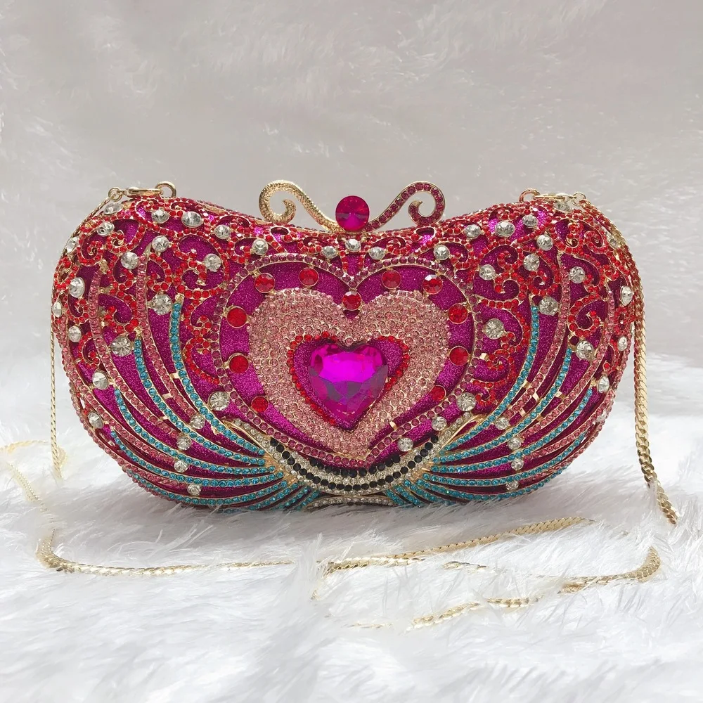 Wedding Love Heart Crystal Evening Clutch Women Rose Red Rhinestone Handbags Luxury Designer Purse Diamond Party Prom Cute Bags