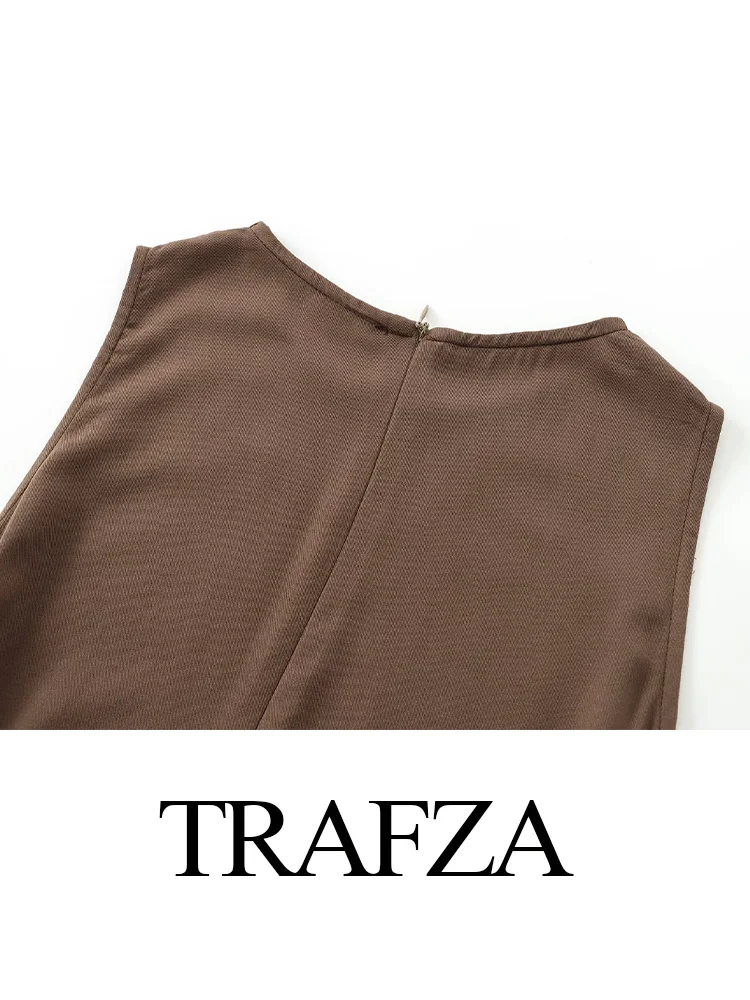 TRAFZA Summer Women Sexy Pleated Pockets Design Slim Midi Dress Female Elegant O-Neck Sleeveless Back Zipper Solid Dress Mujer